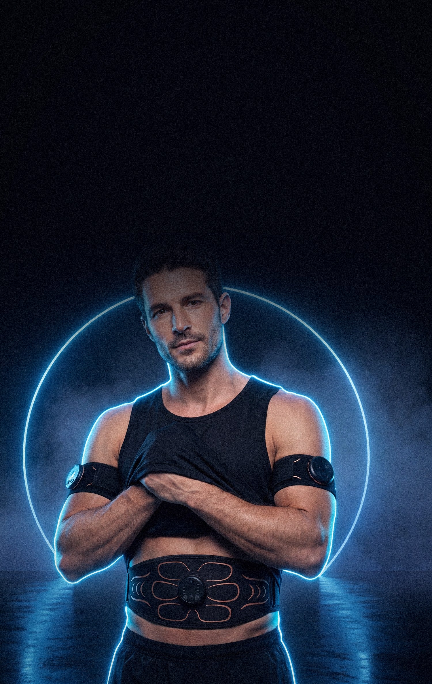 Man wearing an EMS ab belt and arm trainers